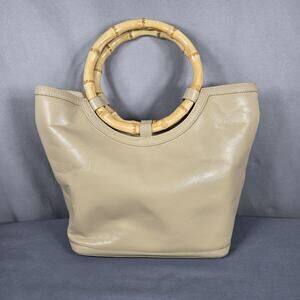 Talbots Leather Top Handle Tote Bag Women Beige Bamboo Handles Purse Handbag